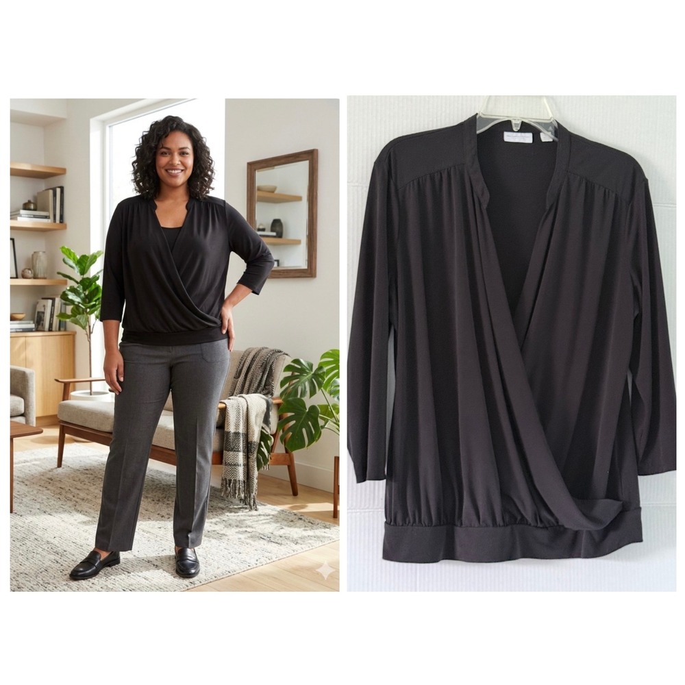 New York & Co Black Stretch Surplice Wrap Top 3/4 Sleeve XL Office Casual Goth